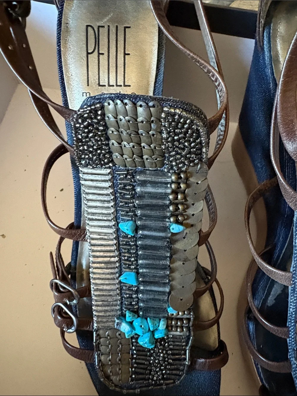 Pelle Moda Navy and Brown Beaded Platform Wedge Sandals